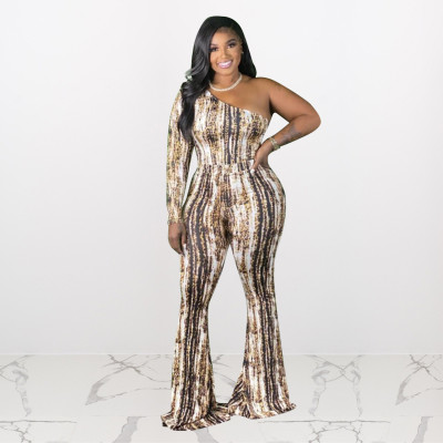 Plus size women's clothing printed one-shoulder long-sleeved slim sexy jumpsuit J21S6080