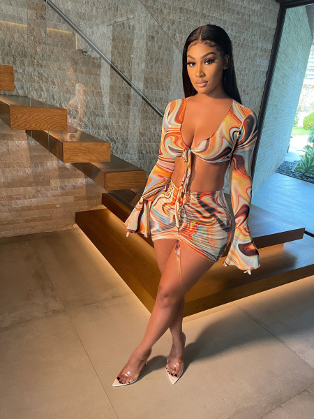 Mesh see-through straps pleated sexy ruffled sleeves half skirt two-piece suit Q21S899