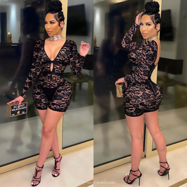 Nightclub sexy hollow lace long-sleeved jumpsuit Q21Y915