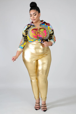 Fashion all-match PU hot stamping fat woman plus size casual trousers XL-5XL QJ5272