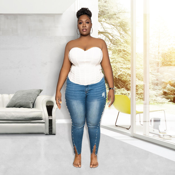 Women's denim pierced fashion all-match, fat woman plus size denim trousers XM6090