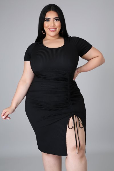Fat lady plus size women's clothing knitted pit strip side opening lace dress three-color QJ5288