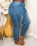 Women's denim pierced fashion all-match, fat woman plus size denim trousers XM6090