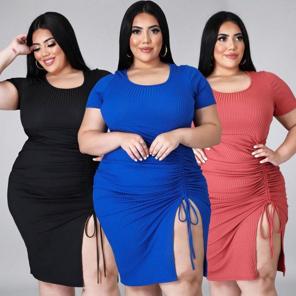 Fat lady plus size women's clothing knitted pit strip side opening lace dress three-color QJ5288