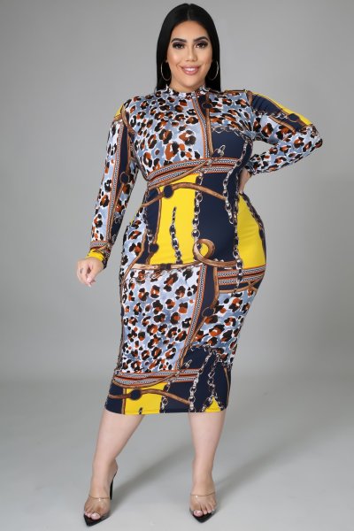 Fat lady women's dress, two ways to wear printed dress before and after QJ5280