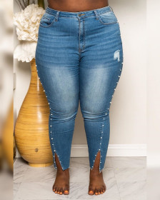 Women's denim pierced fashion all-match, fat woman plus size denim trousers XM6090