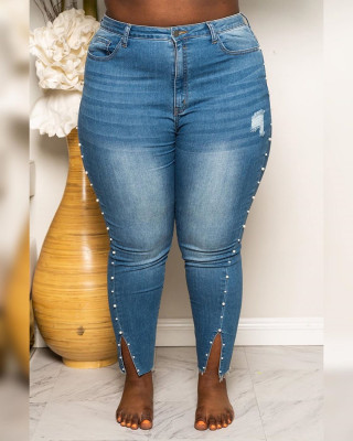 Women's denim pierced fashion all-match, fat woman plus size denim trousers XM6090