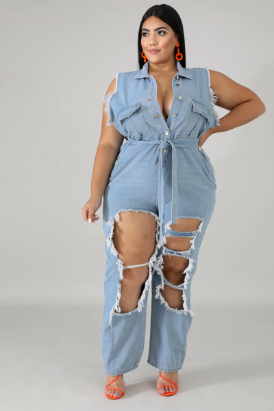 Oversized fat woman long-sleeved frosted washed ripped denim jumpsuit QJ6109