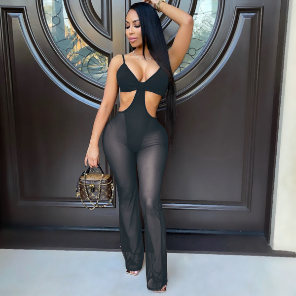 Sexy suspenders deep V solid color fashion jumpsuit nightclub clothes A7173