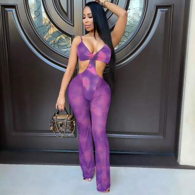 Sexy Sling Deep V Printed Fashion Jumpsuit Nightclub Wear A7175