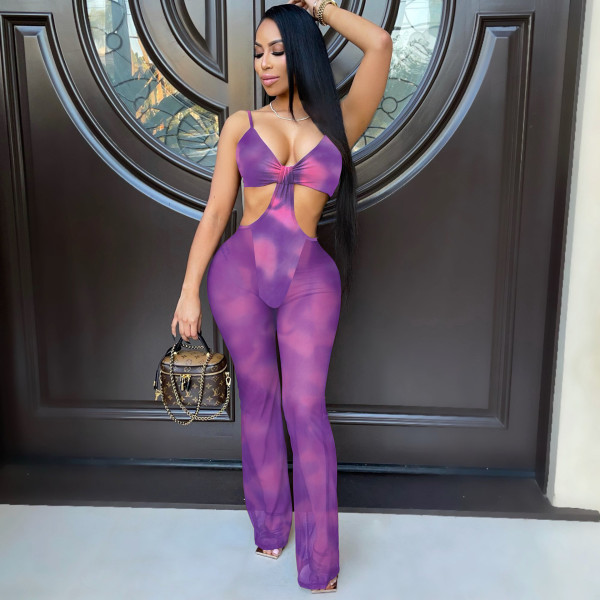 Sexy Sling Deep V Printed Fashion Jumpsuit Nightclub Wear A7175