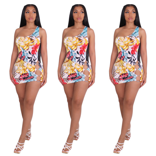 Women's wholesale one-shoulder sexy printed dress summer casual short skirt YY5293