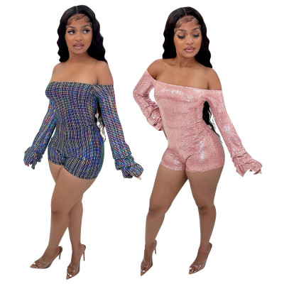 Sexy one-shoulder long-sleeved nightclub sequined jumpsuit A6706