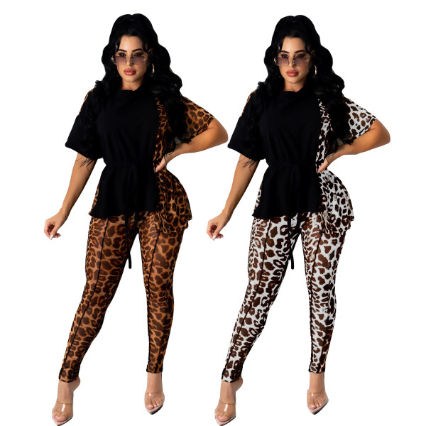 Women's two-piece leopard print stitching short-sleeved suit summer short T-shirt AL160