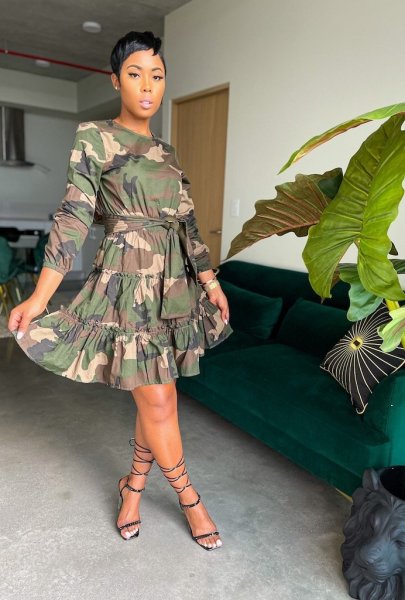 Women's Dress Long Sleeve Camouflage Printed A-line Skirt Middle Skirt Cake Skirt AL176