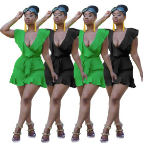 Solid color lotus leaf V-neck jumpsuit A6728