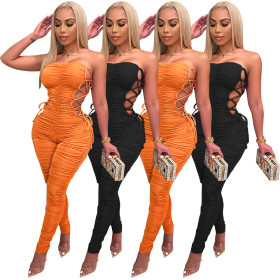 Ladies' breast-wrapped pleated lace-up jumpsuit A6726