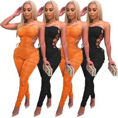 Ladies' breast-wrapped pleated lace-up jumpsuit A6726