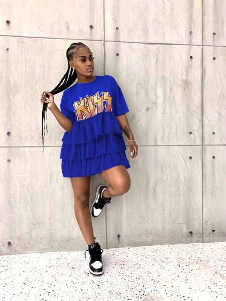 Women's Printed Cake Skirt Mesh Dress T-shirt Dress Summer AL159