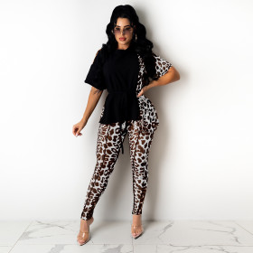 Women's two-piece leopard print stitching short-sleeved suit summer short T-shirt AL160