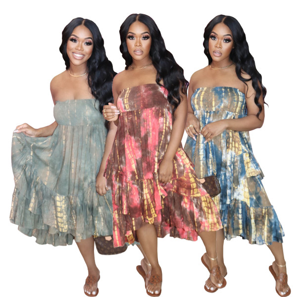 Women's printed dress holiday wind wrapped chest irregular floral skirt summer AL157