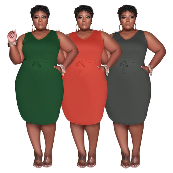 Plus size dress cross-border European and American women's fashion slim sleeveless waist waist plus size dress A6727