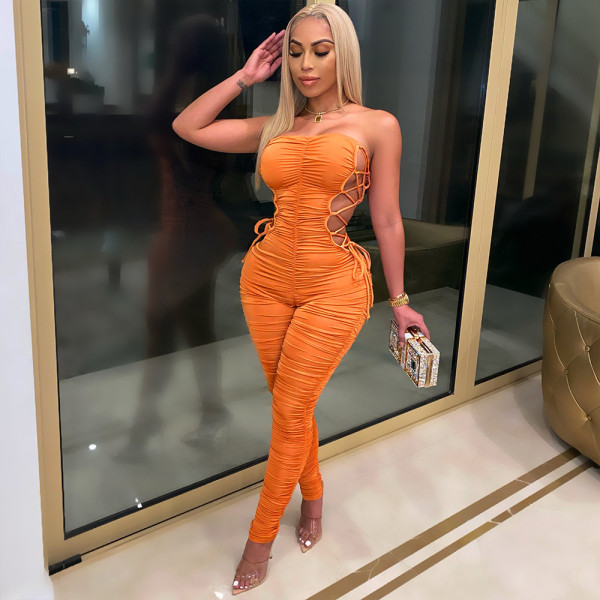 Ladies' breast-wrapped pleated lace-up jumpsuit A6726