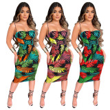 Women's casual printed high waist strappy sexy suspender skirt TS1162