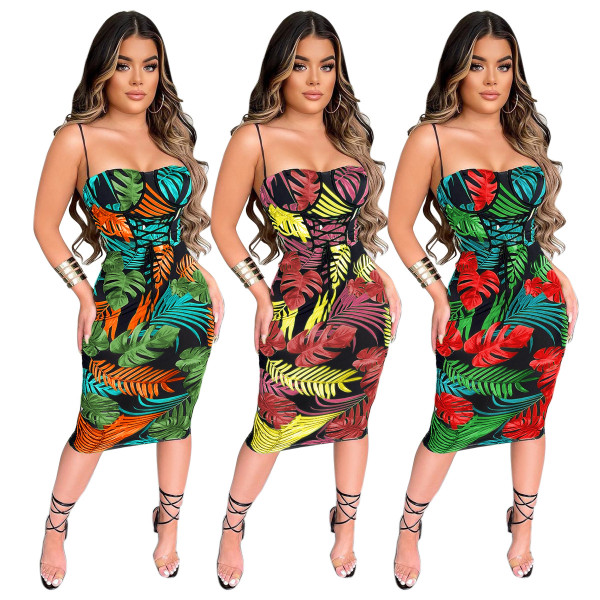Women's casual printed high waist strappy sexy suspender skirt TS1162