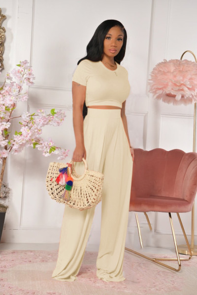 Women's solid color open waist flared pants casual two-piece suit TS933