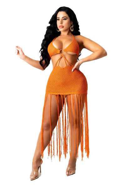 Women's solid color knitted sexy tube top fringed beach dress TS1166