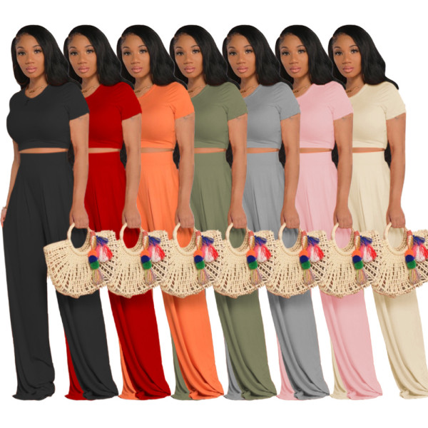 Women's solid color open waist flared pants casual two-piece suit TS933