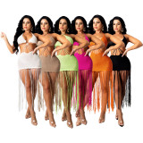 Women's solid color knitted sexy tube top fringed beach dress TS1166