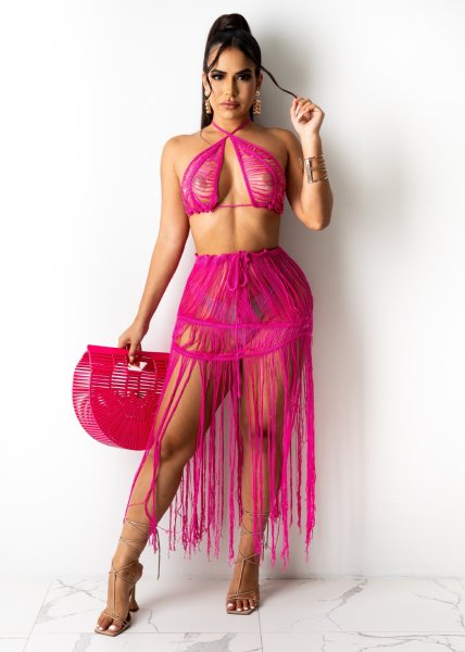 Women's knitted mesh sexy tube top fringed beach dress two-piece suit TS1165