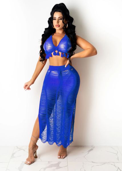 Women's sexy small fringed tube top knitted beach skirt suit TS1151