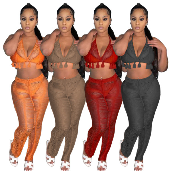 Women's Sexy Hollow Knitted Beach Pants + Bikini Set TS1167