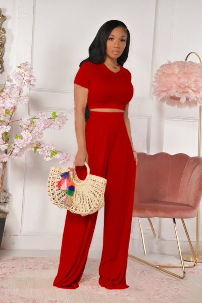 Women's solid color open waist flared pants casual two-piece suit TS933