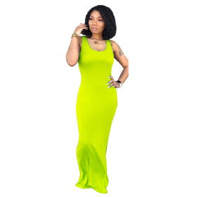 Pure color sexy women's vest long skirt, fashion U-neck dress, simple personality, hip skirt A8810
