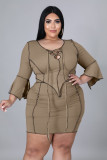 Plus size women's fashion anti-car casual pure color lace short skirt two-piece suit Y81338
