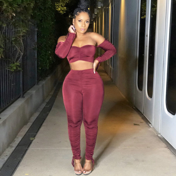 Solid color tube top drawstring pleated two-piece suit A6596