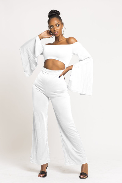 Casual solid color long-sleeved navel off-shoulder jumpsuit M971