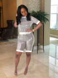 Sequined nylon fabric multicolor short-sleeved shorts summer suit Y158