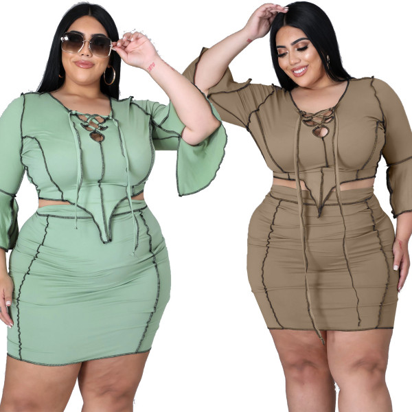 Plus size women's fashion anti-car casual pure color lace short skirt two-piece suit Y81338