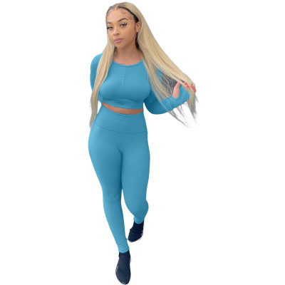 Women's solid color leisure yoga high waist tight two-piece suit Y81336