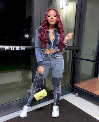 Women's retro stitching washed denim suit TS1062