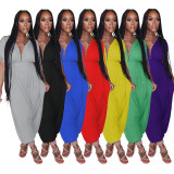Solid color waist deep V loose jumpsuit M1111