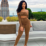 Solid color tube top drawstring pleated two-piece suit A6596