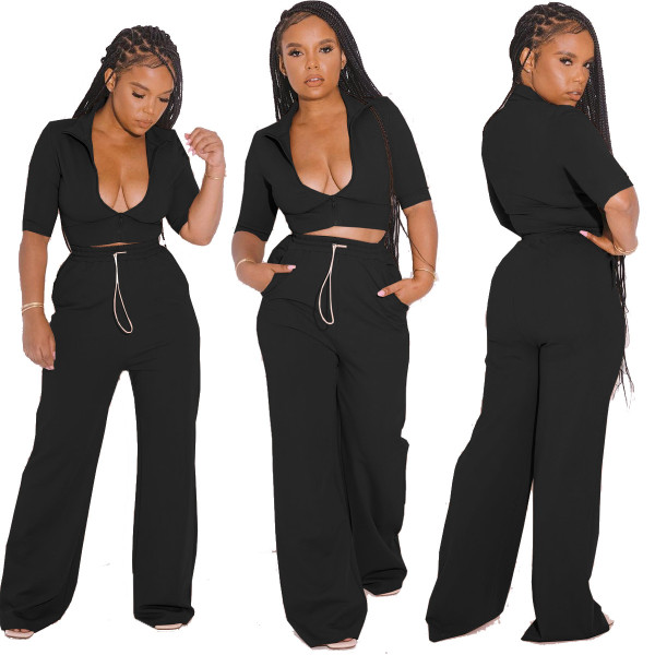 Women's casual sports tight-fitting wide-leg zipper two-piece suit Y81337