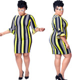 Plus Size Women's Striped Ruffle Sleeve Pullover Dress Y1322