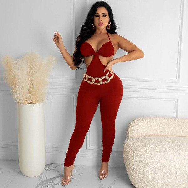 Fashion sexy suspenders solid color casual jumpsuit A8805
